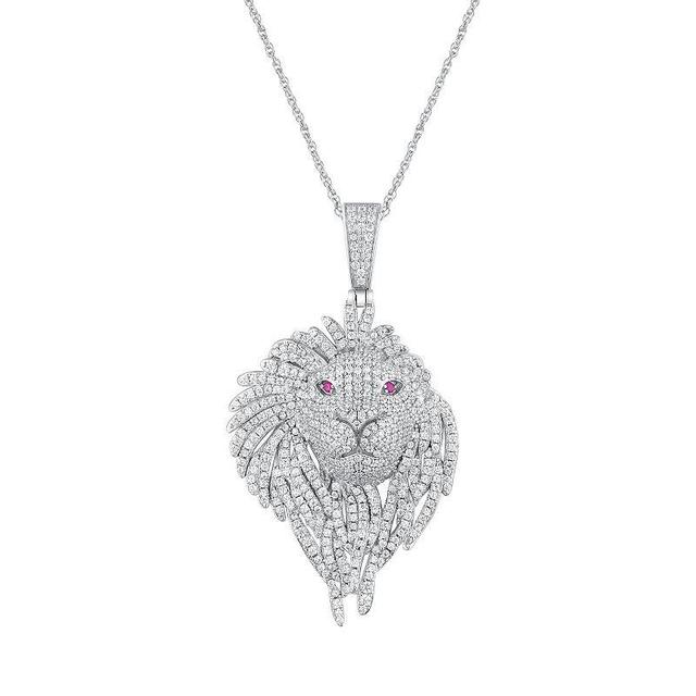 Mens Sterling Silver Cubic Zirconia Lion Head Pendant Necklace Product Image