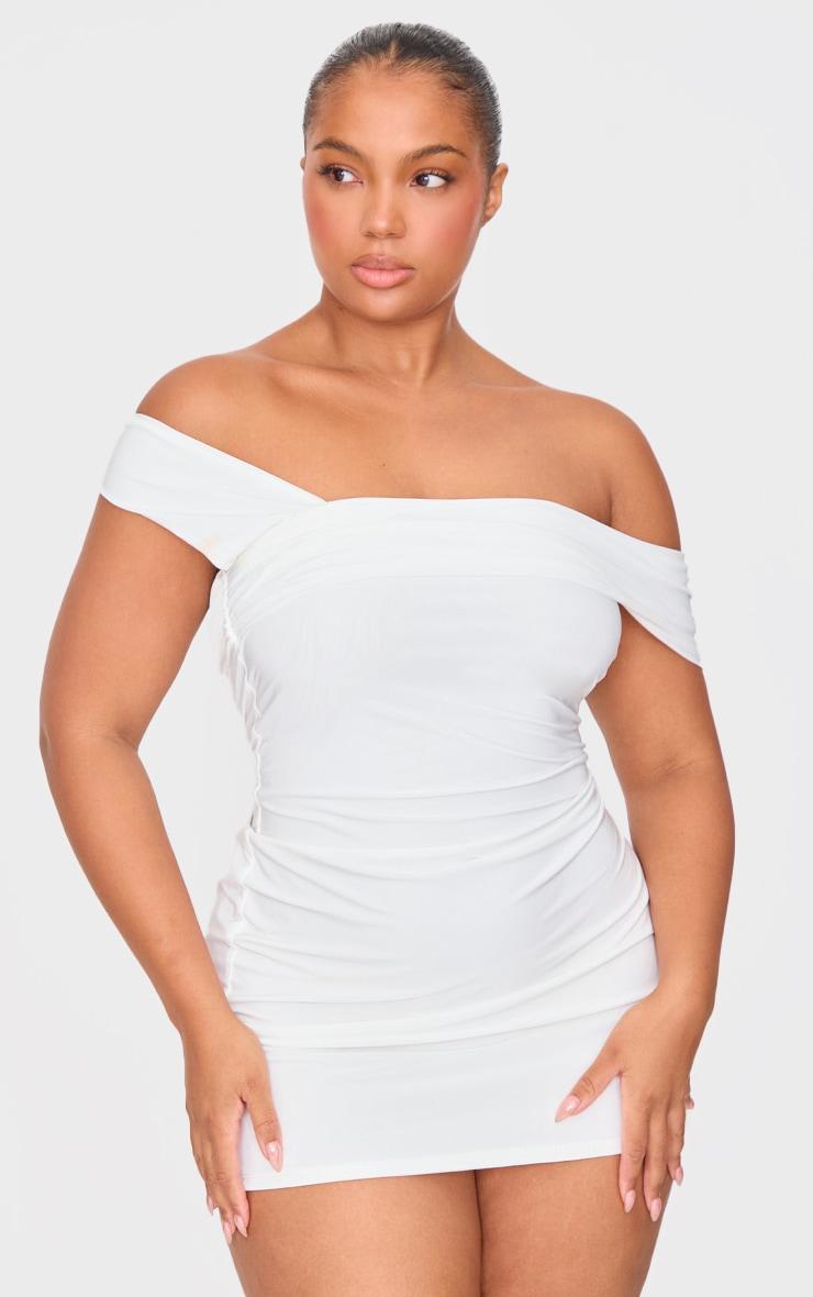 Premium White Double Layer Slinky Ruched Bodycon Dress Product Image