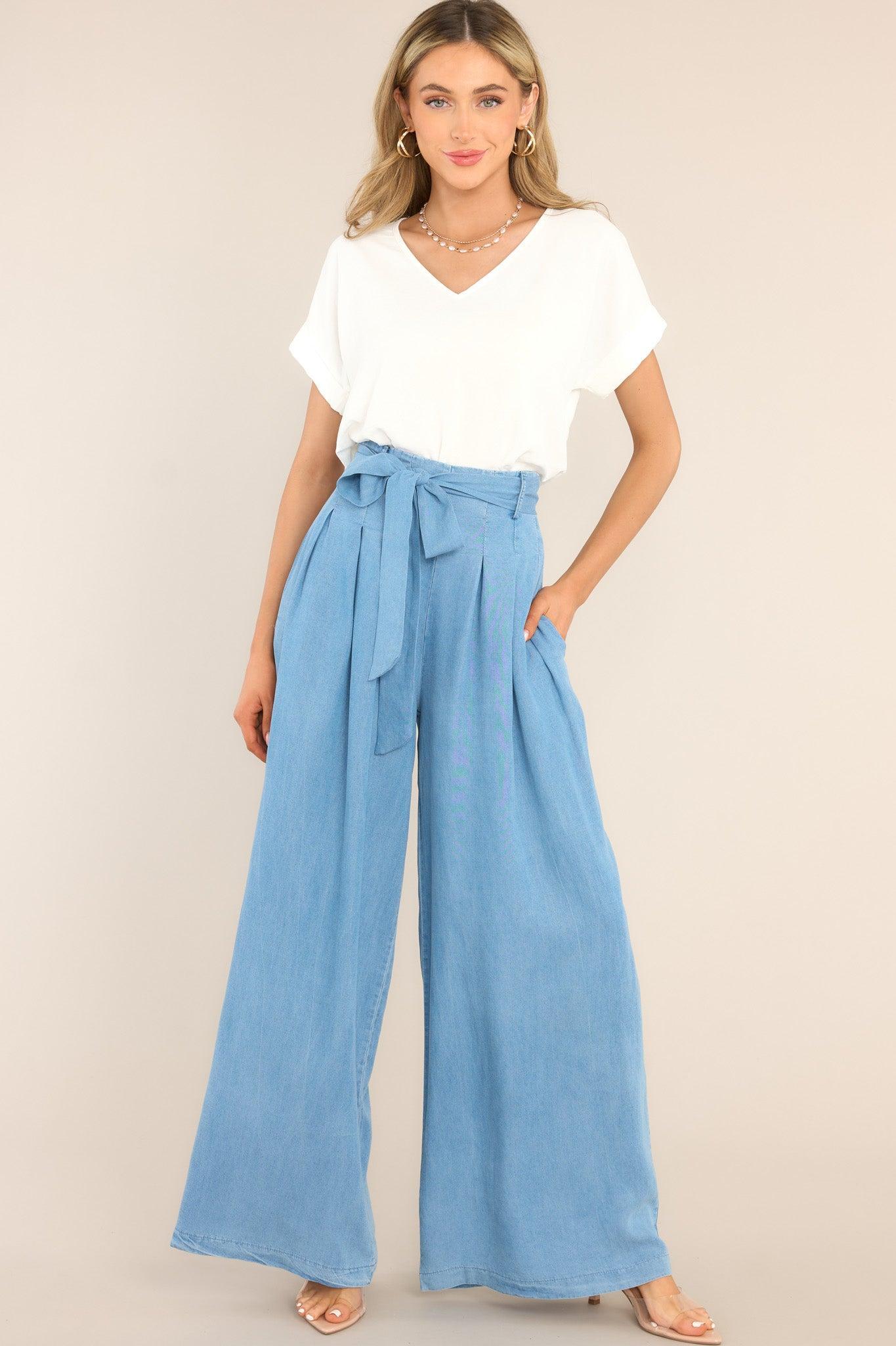 Coastal Couture Chambray Wide Leg Pants Blue Product Image