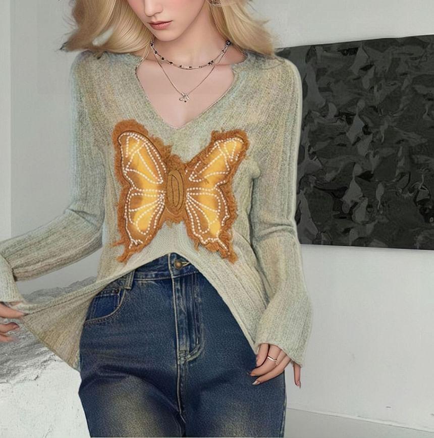 Long Sleeve V-Neck Butterfly Applique Slit Knit Top Product Image