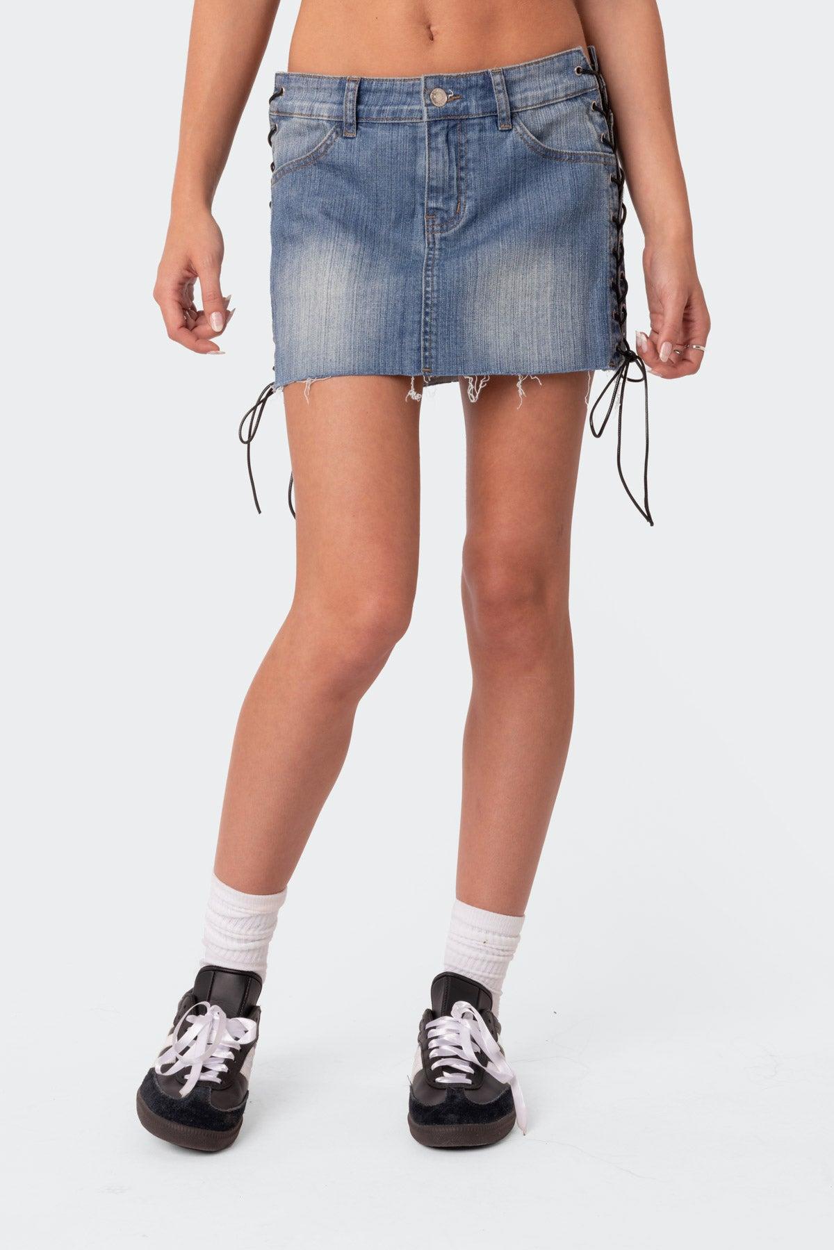 Side Lace Up Denim Mini Skirt Product Image