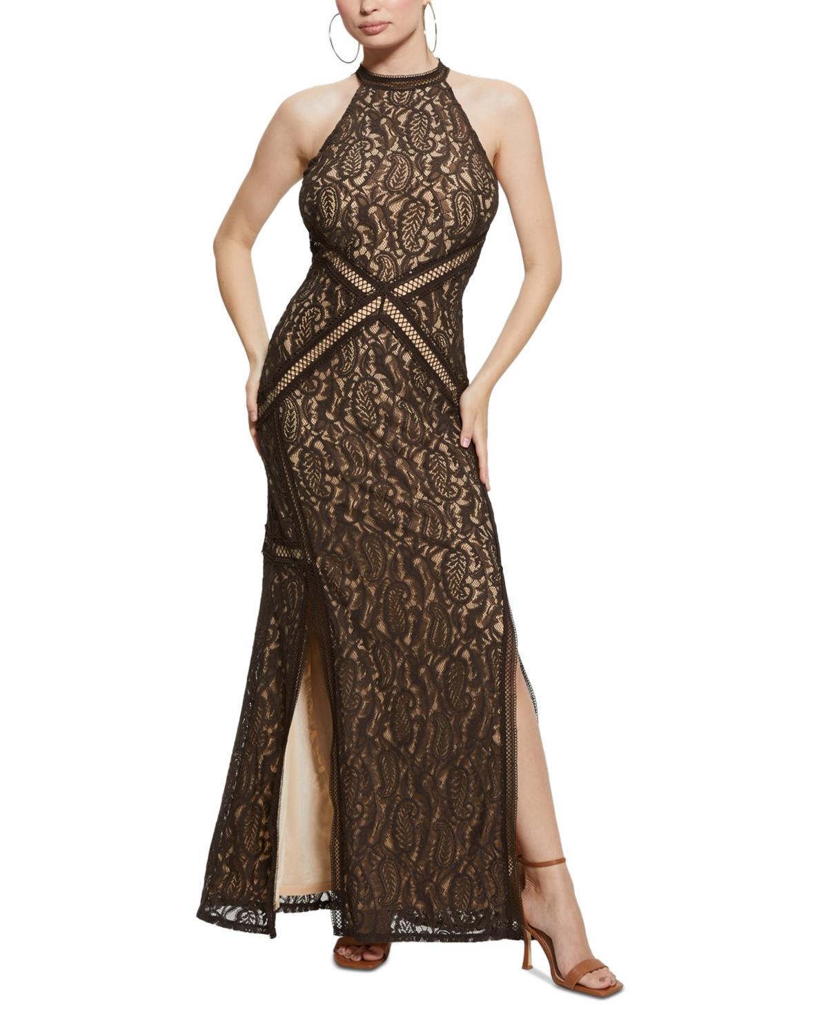 Guess Womens New Liza Lace Halter Sleeveless Gown Product Image