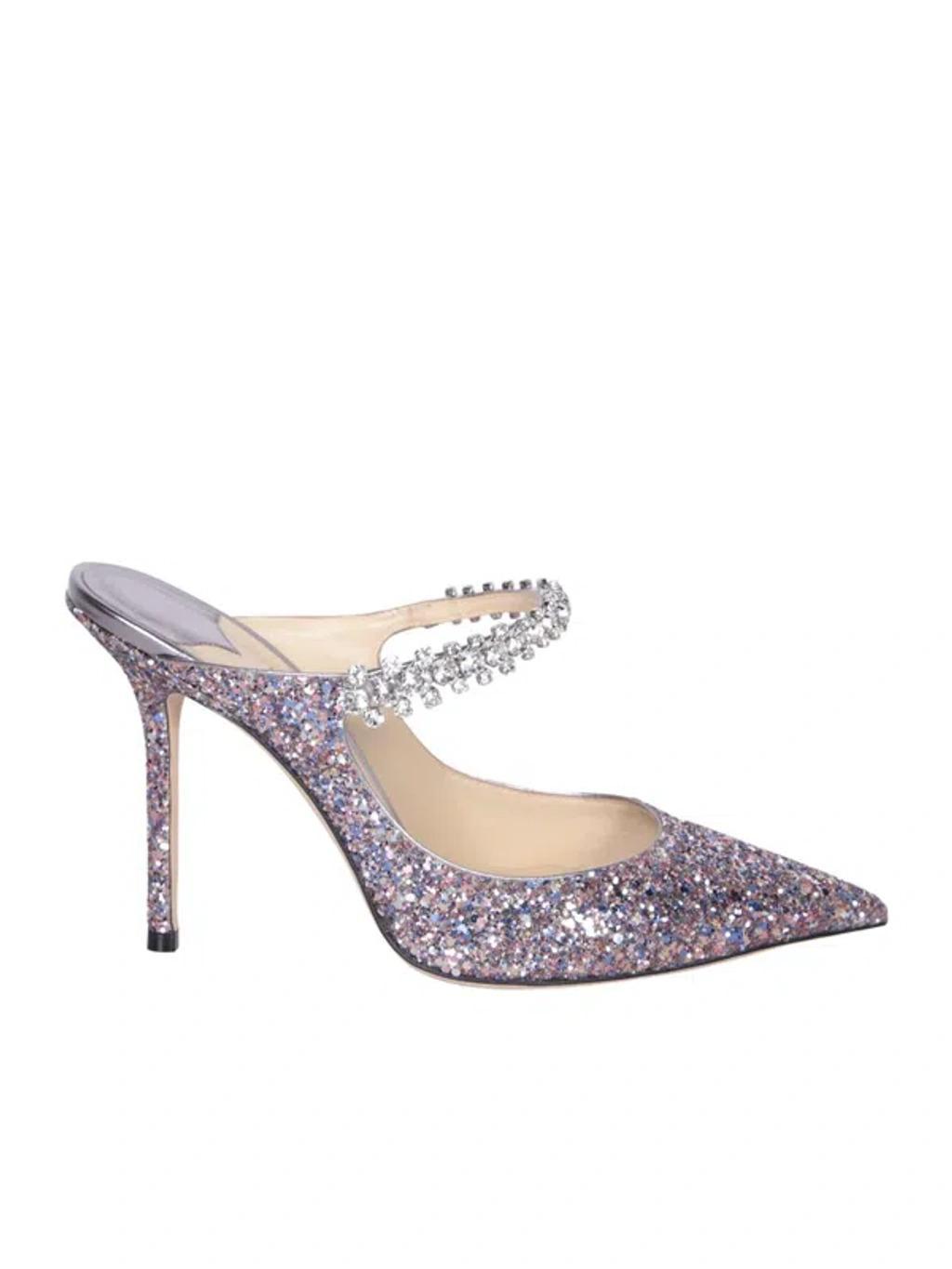 Bing 100 Crystal Strap Glitter Heel Mules In Silver Product Image