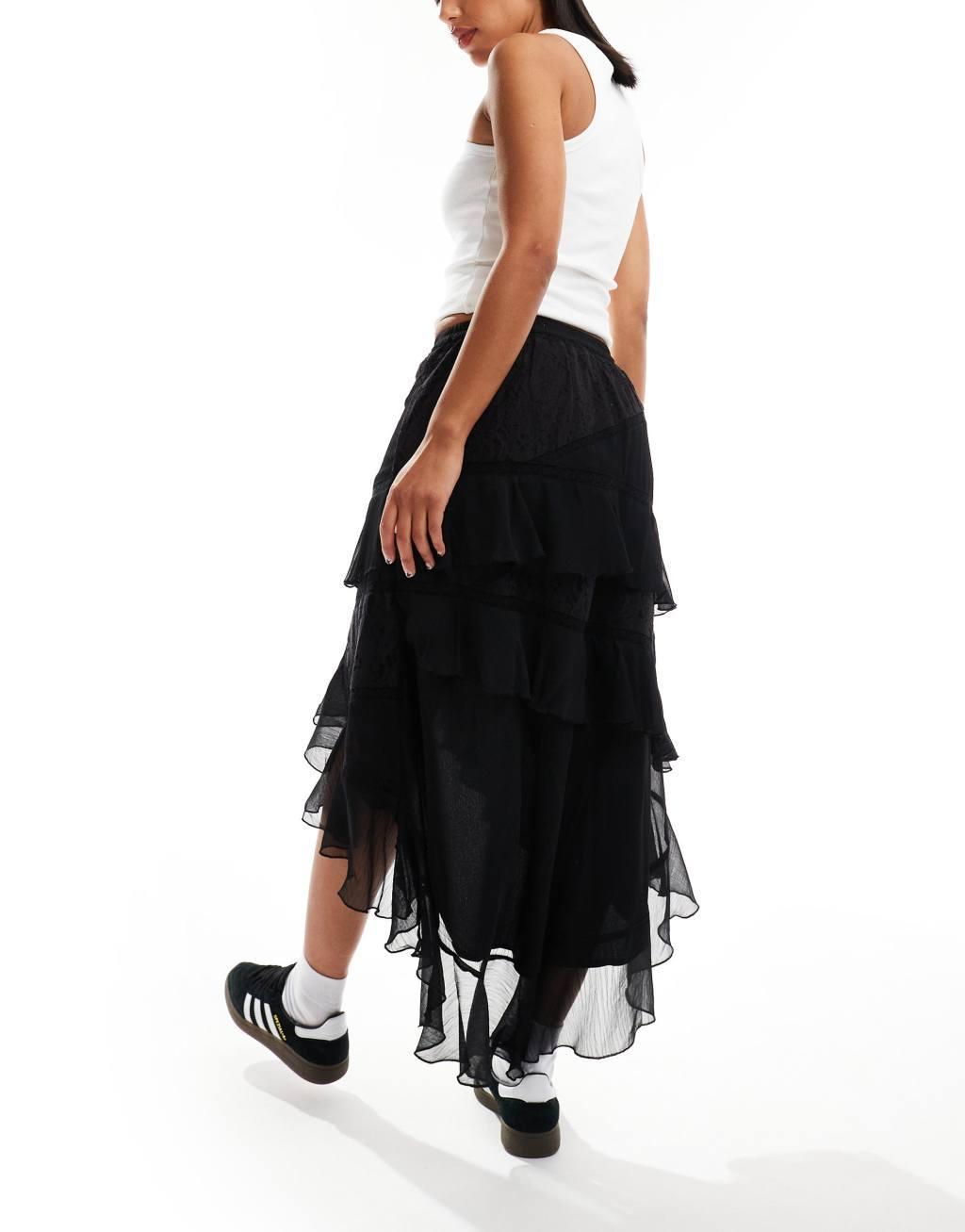 Miss Selfridge chiffon lace mix ruffle maxi skirt in black  Product Image