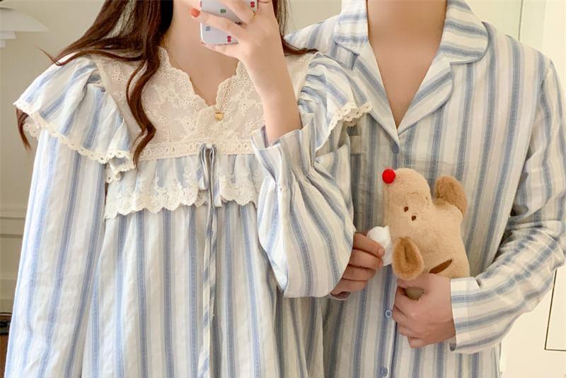 Couple Matching Long-Sleeve Striped Lace Trim Pajama Top / Pajama Dress / Pants / Shirt / Set Product Image