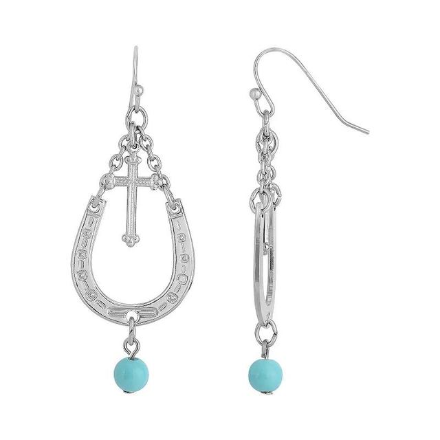 1928 Silver Tone Horseshoe & Cross with Simulated Turquoise Accent Drop Earrings, Womens, Turq/Blue Product Image