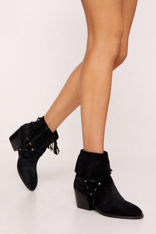 Tarnished Suede Fringe Harness Ankle Cowboy Boots Product Image