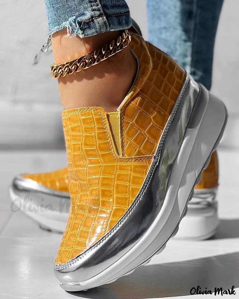 Olivia Mark – Premium Crocodile Leather Platform Sneakers with Muffin Sole Product Image