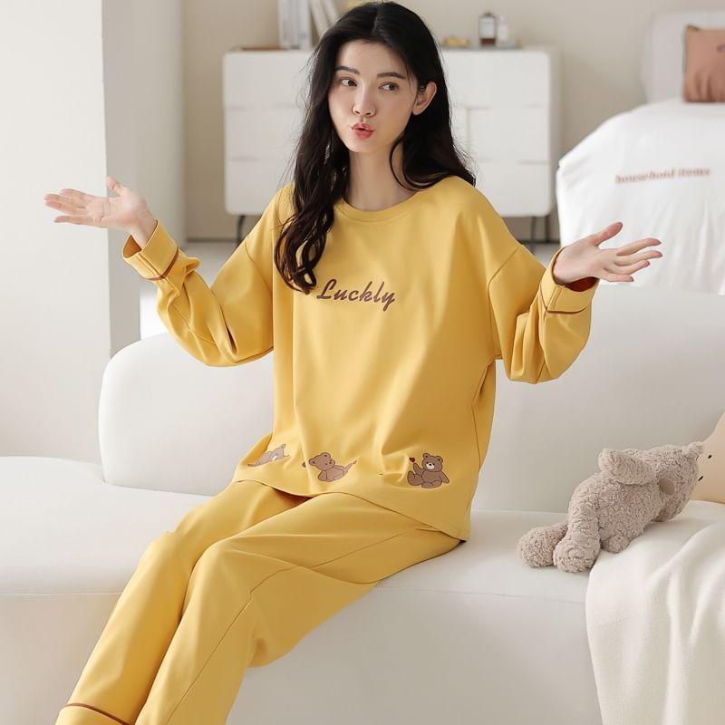 Loungewear Set : Long-Sleeve Bear Print Padded T-Shirt + Pants Product Image