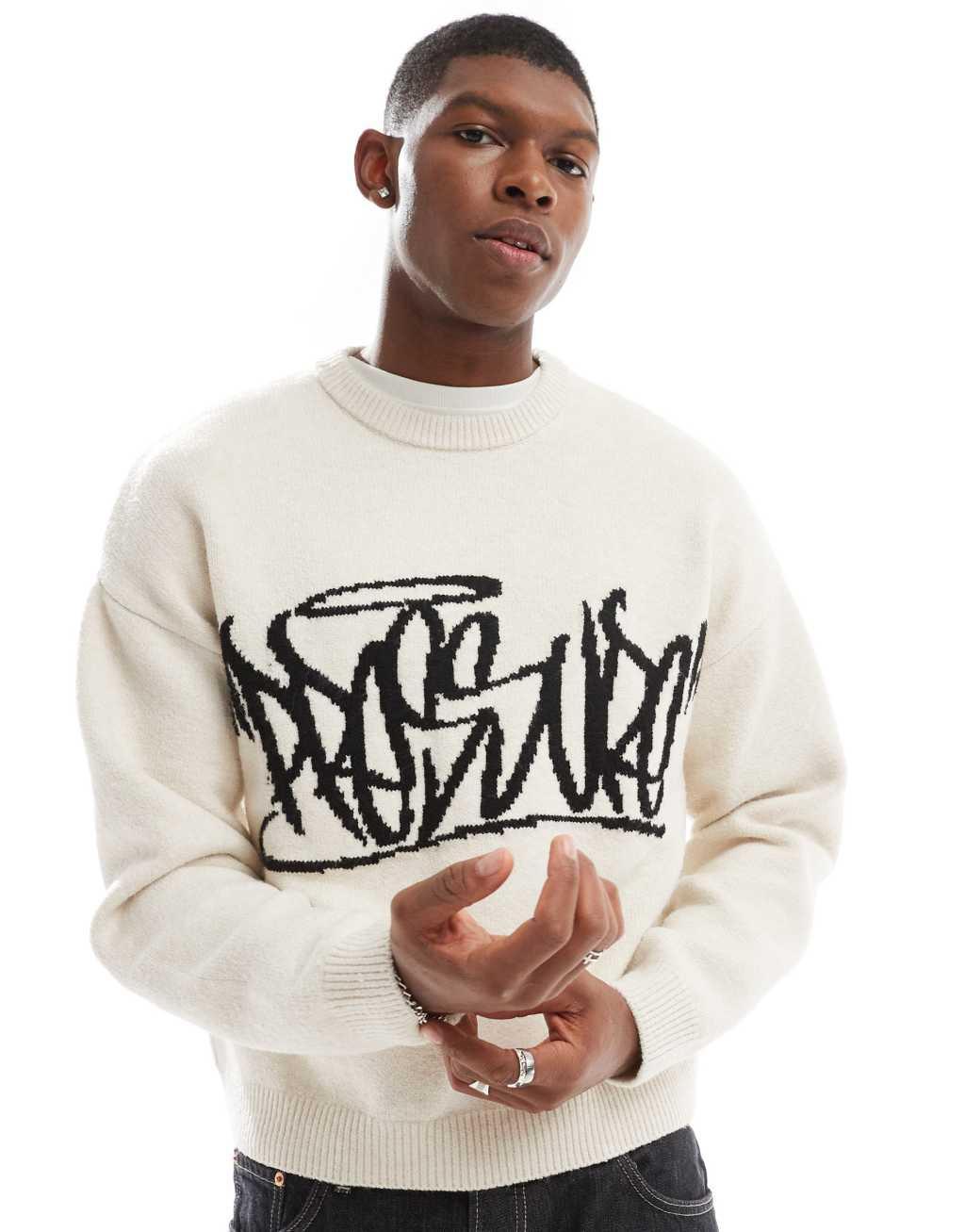 Bershka graphic knitted sweater in white Product Image