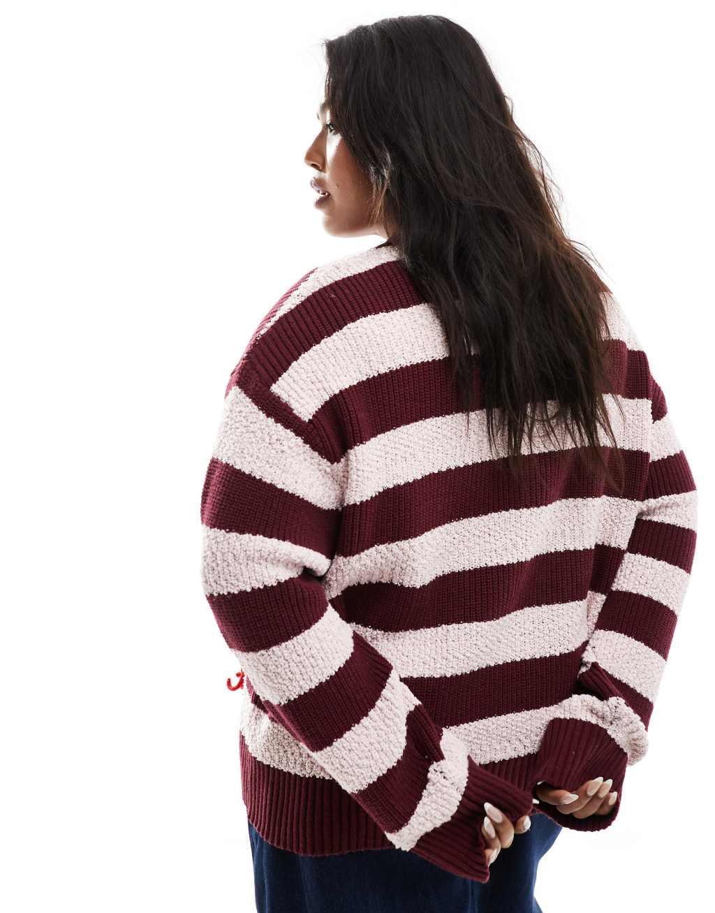 Renee Studio x Holly Wynne exclusive textured longline applique heart cardigan in burgundy stripe Product Image