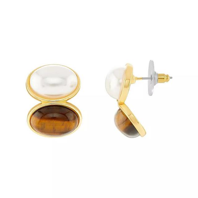 Emberly Gold Tone Simulated Pearl & Tiger Eye Stud Earrings, Womens, Multi Product Image