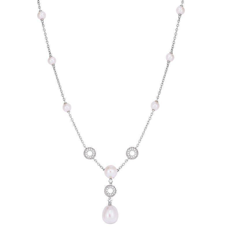 Sterling Silver Freshwater Cultured Pearl & Lab-Created White Sapphire Y Necklace, Womens Product Image