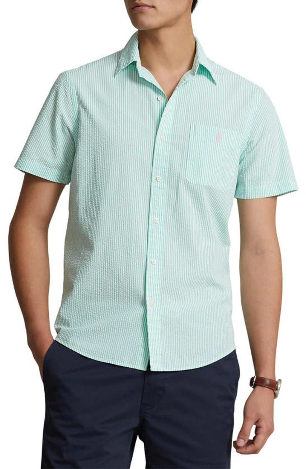 Stripe Seersucker Short Sleeve Button-down Shirt In Key West Green Product Image