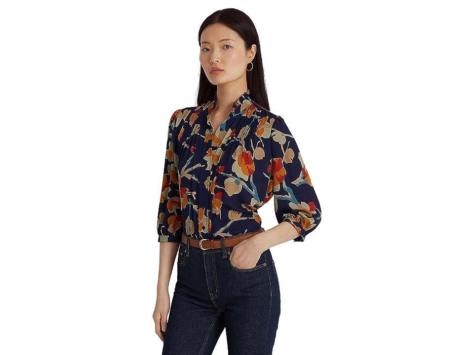 LAUREN Ralph Lauren Petite Floral Georgette Blouse (Blue Multi) Women's Clothing Product Image