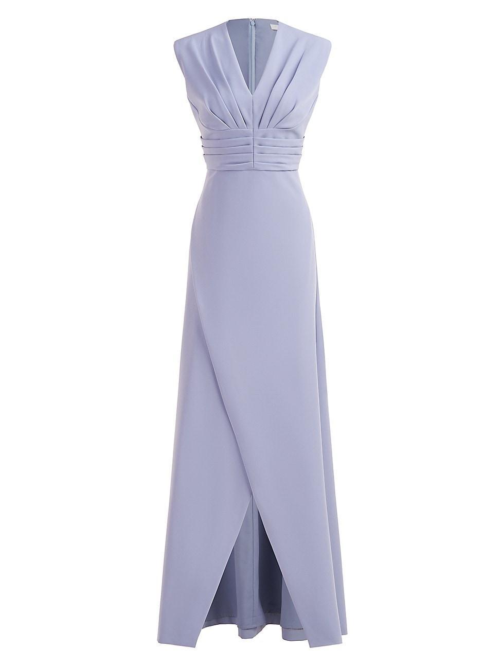 Kay Unger Stretch Crepe Pleated V-Neck Sleeveless A Line Gown Product Image