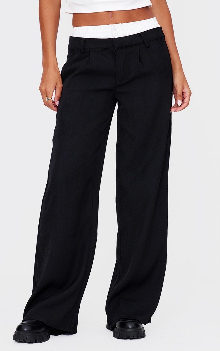 Black Premium Woven Double Waistband Tailored Pants Product Image