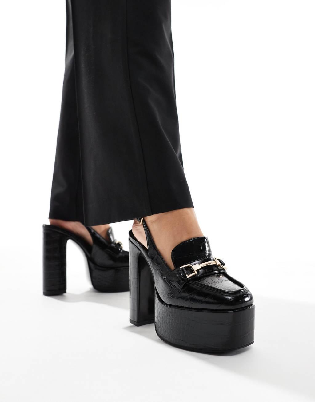 ASOS DESIGN Petrol loafer platform block heeled shoes in black croc Product Image