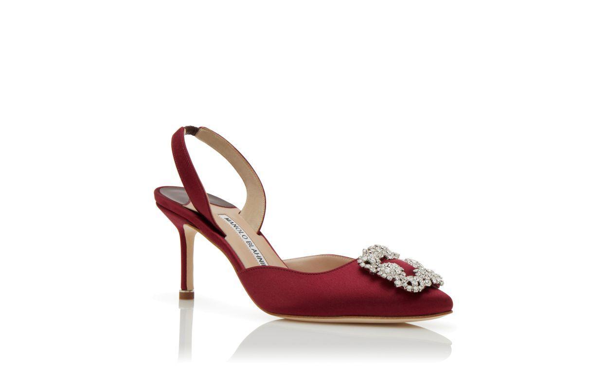 HANGISLI Dark Red Satin Jewel Buckle Slingback Pumps Product Image