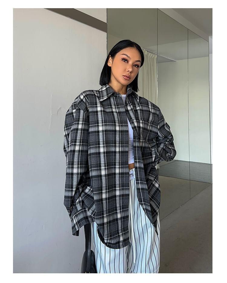 Long Sleeve Collared Plaid Oversized Shirt Product Image