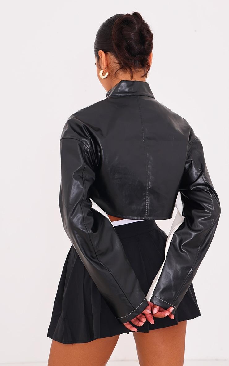 Monochrome Faux Leather Contrast Panel Cropped Jacket Product Image