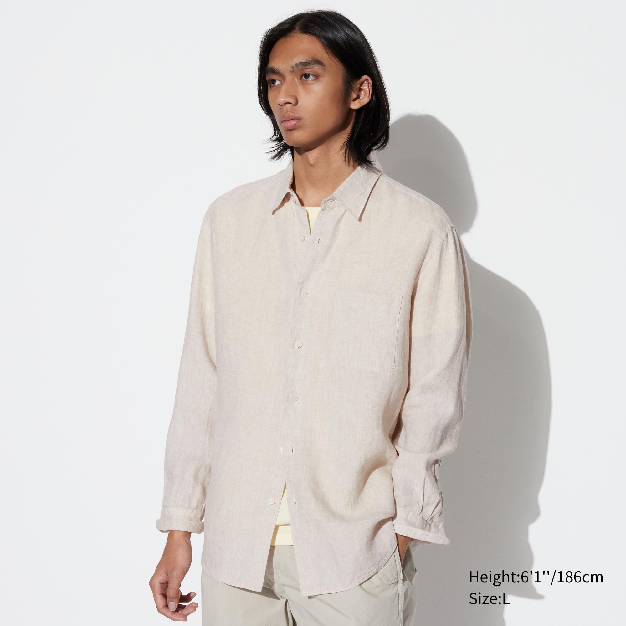 Mens Premium Linen Long-Sleeve Shirt Beige Large UNIQLO US Product Image