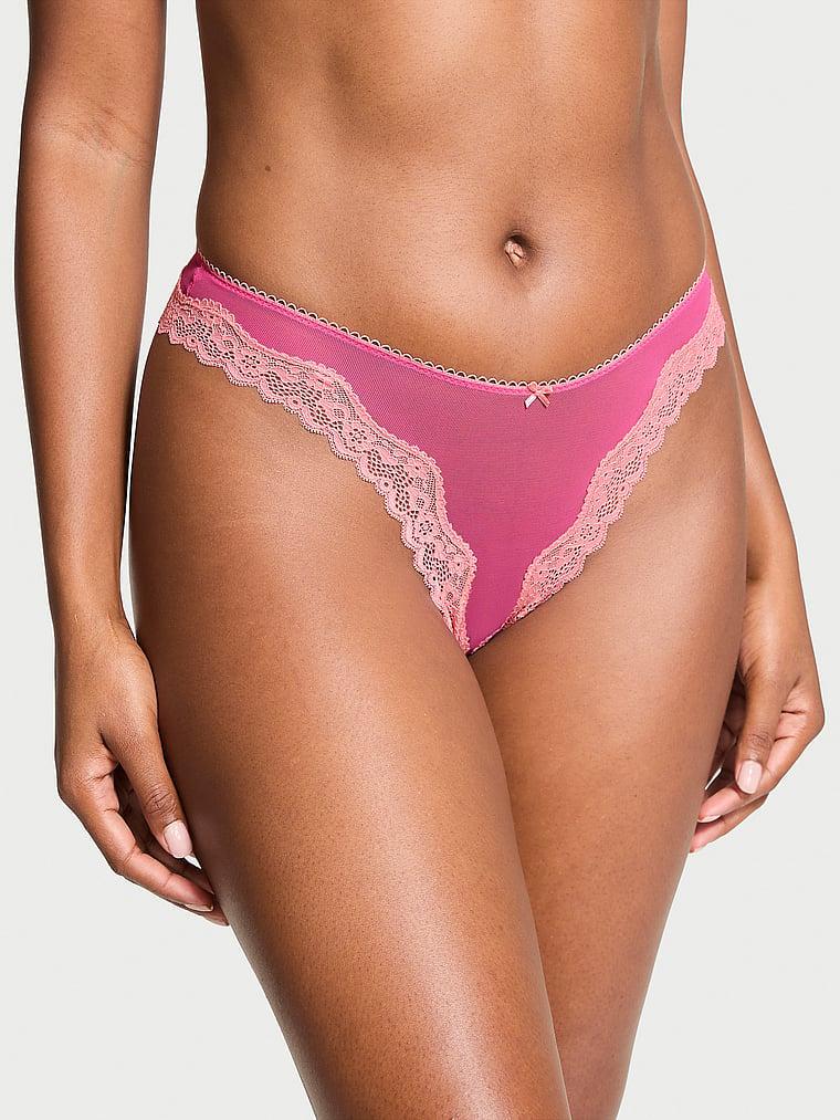 Tease Mesh Lace-Trim High-Leg Thong Panty Product Image