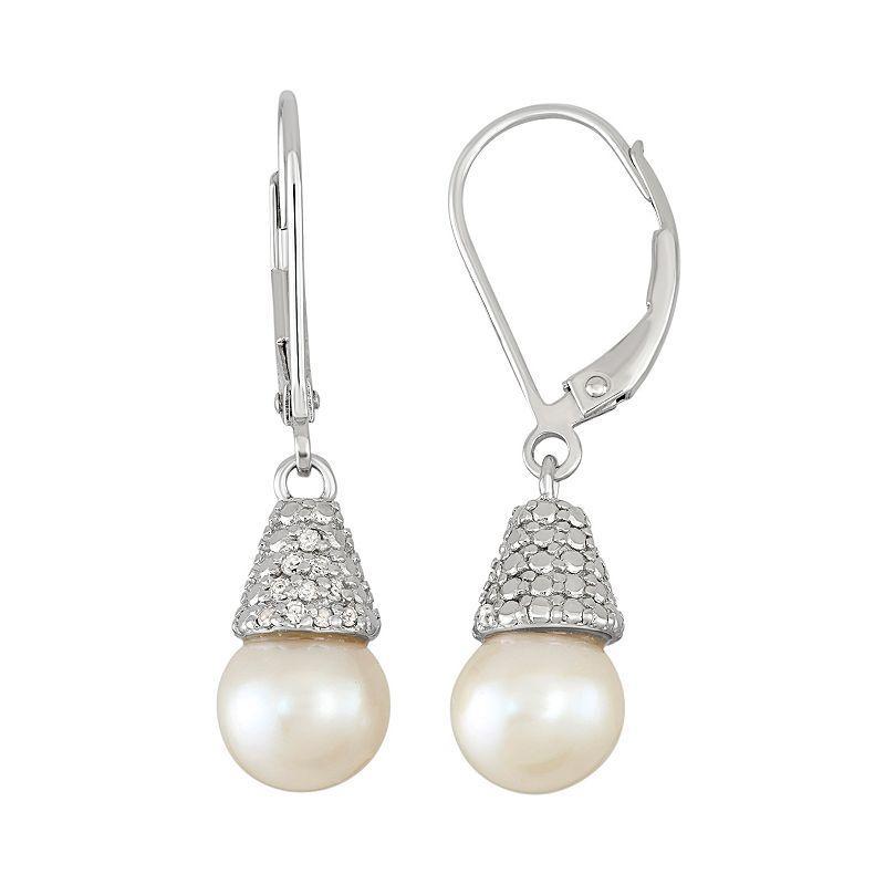 Freshwater Cultured Pearl & 1/10 Carat T.W. Diamond Sterling Silver Drop Earrings, Womens, White Product Image