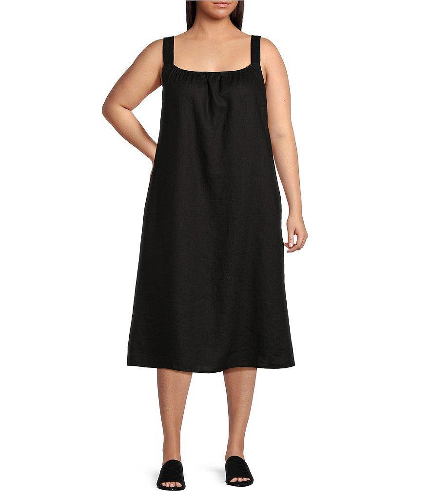 Eileen Fisher Plus Size Delave Organic Linen Scoop Neck Sleeveless Ruched Cami Shift Dress Product Image