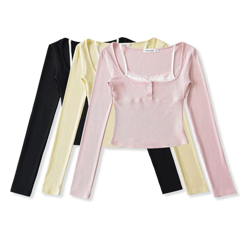 Mock Two-Piece Long-Sleeve Square-Neck Lace Trim Ribbed Tee Product Image