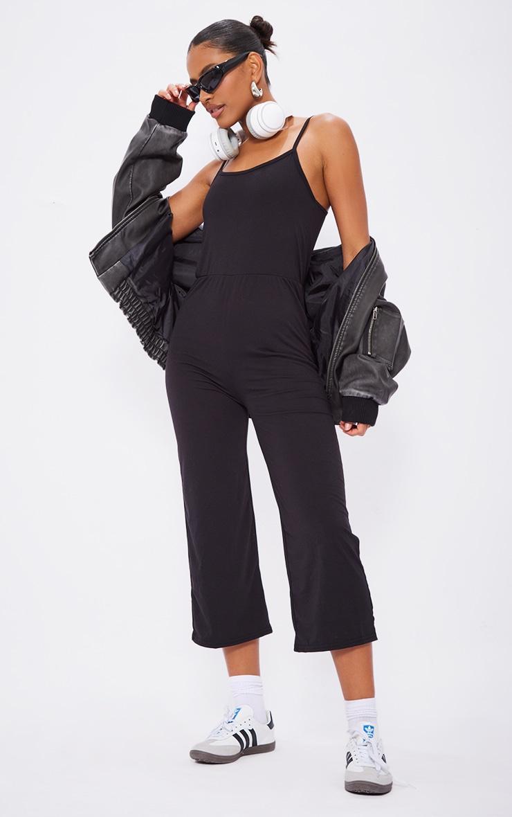 Black Strappy Jersey Culotte Jumpsuit Product Image