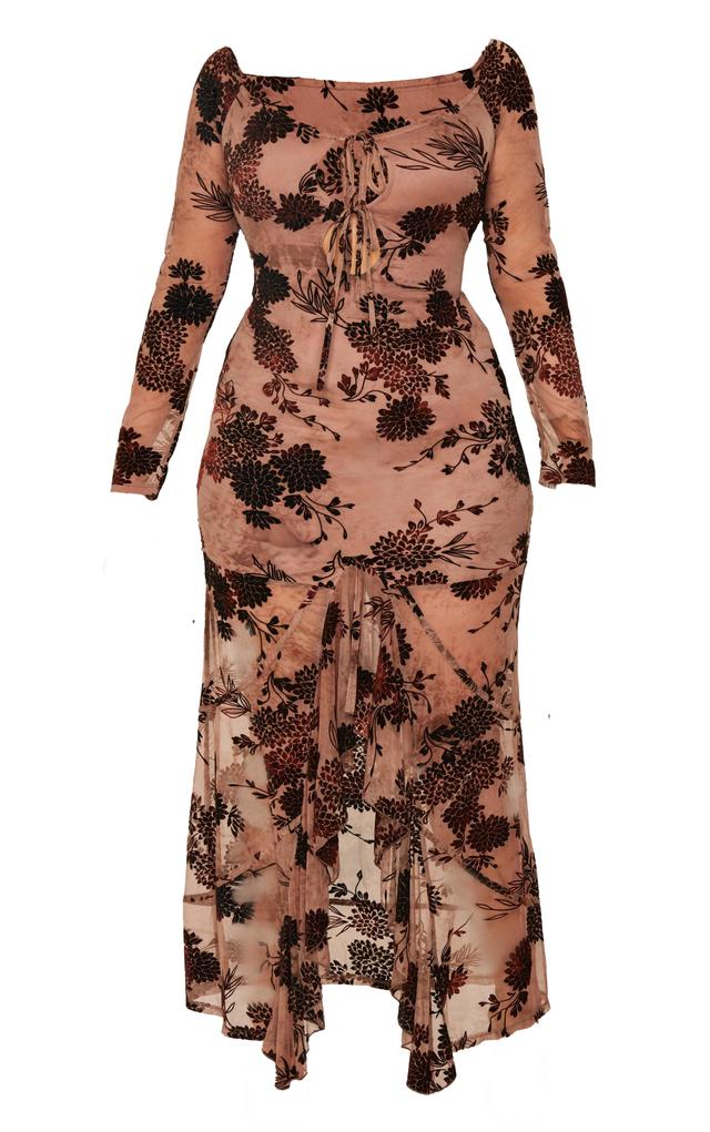 Plus Brown Floral Print Devore Off The Shoulder Long Sleeve Maxi Dress Product Image