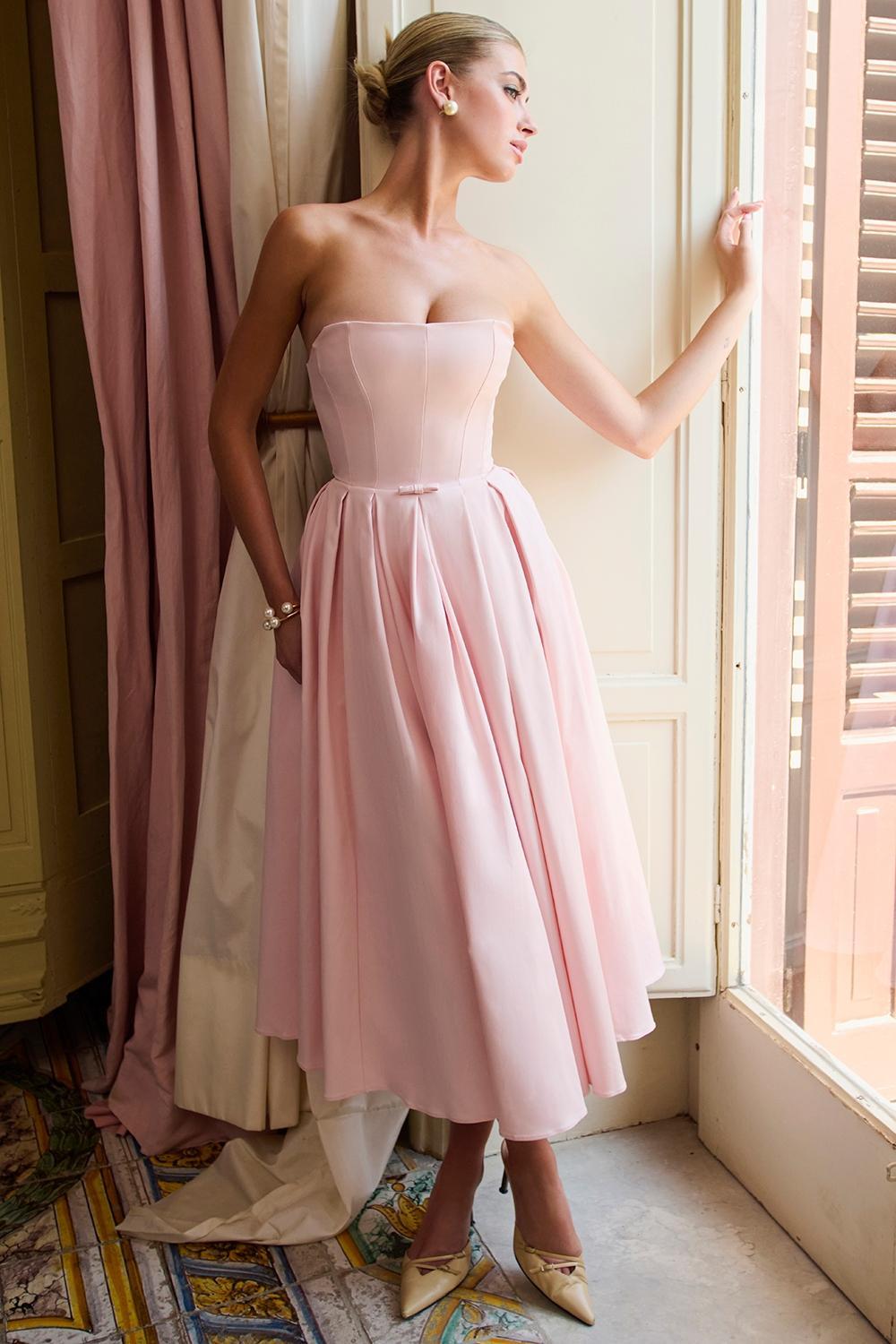 Contessa Parisian Pink Strapless Corset Midi Dress Product Image