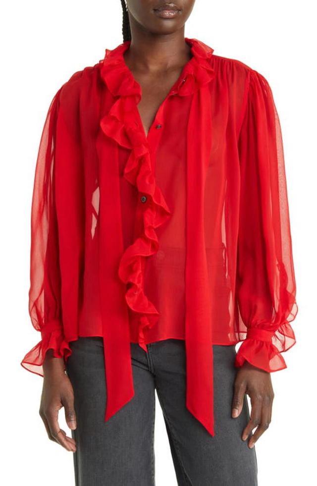 Ruffle Silk Shirt In Cherry Red Product Image