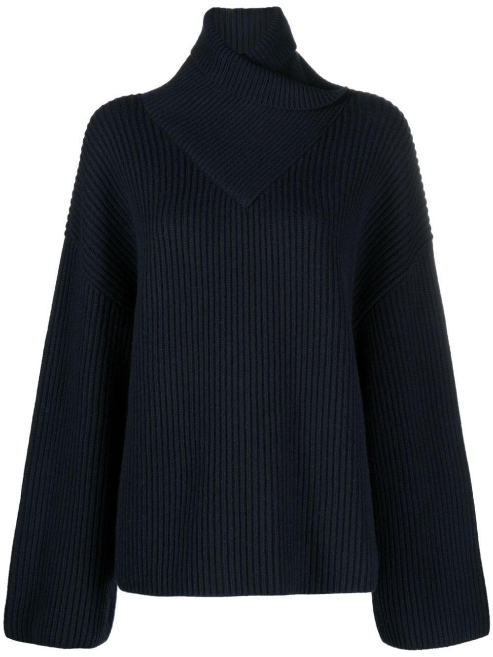 Wrap-neck Ribbed Wool Jumper In Navy Blue Product Image