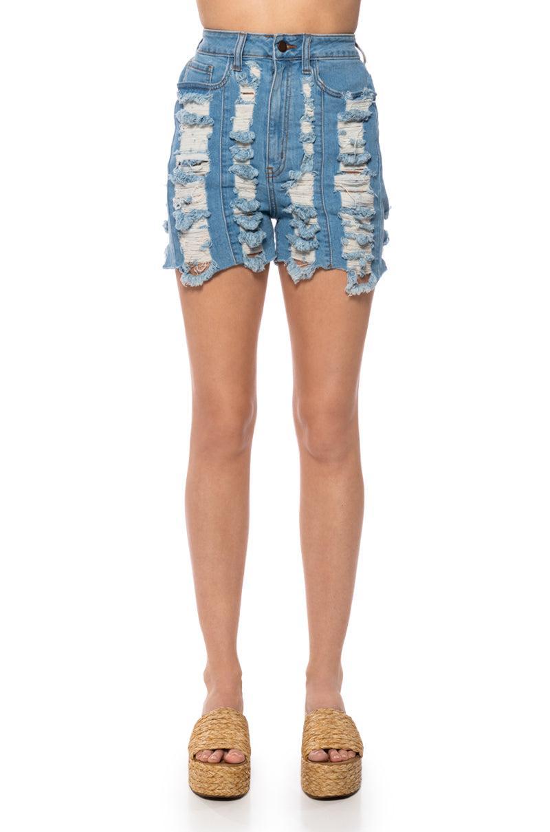 CONNIE DISTRESSED HIGH WAISTED DENIM SHORTS Product Image