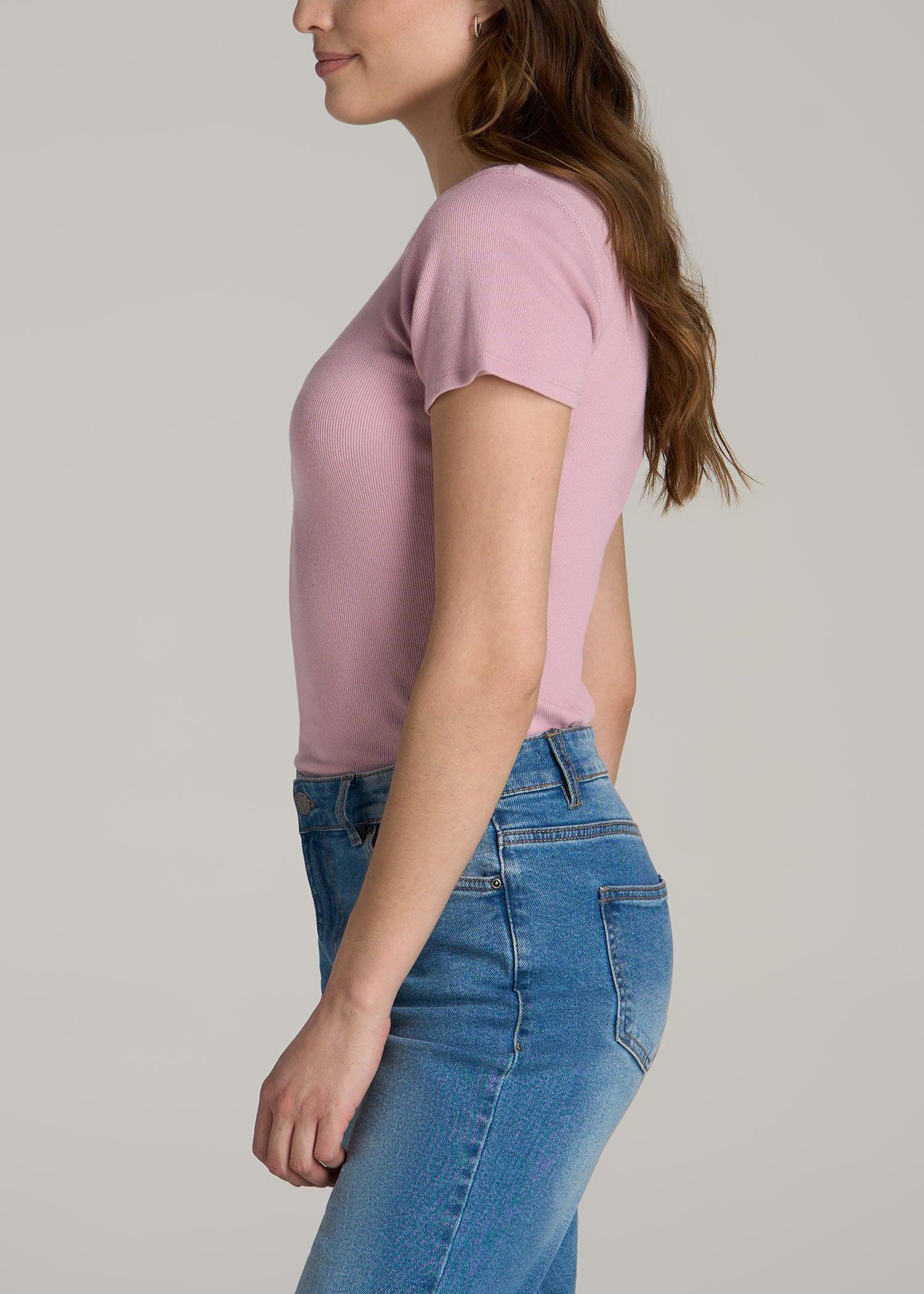 Short Sleeve Crew Neck Ribbed T-Shirt for Tall Women in Pink Peony Female Product Image