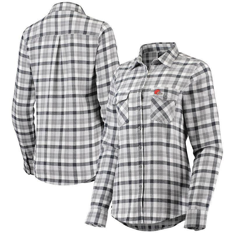 Womens Antigua Gray Cleveland Browns Ease Flannel Button-Up Long Sleeve Shirt product image