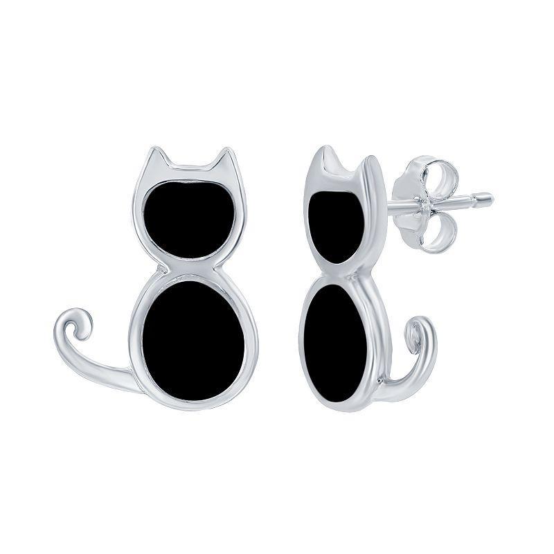 Sterling Silver Gemstone Cat Stud Earrings, Womens, Created Black Product Image