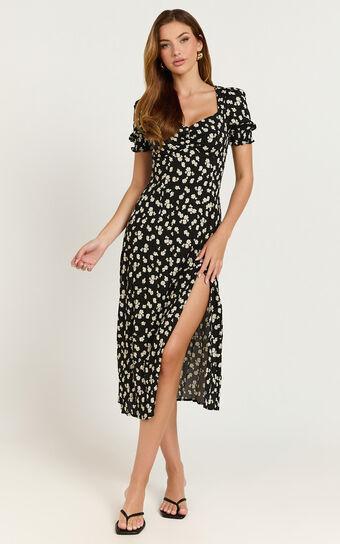 Marcel Midi Dress - Sweetheart Puff Sleeve Thigh Split Dress in Black Wildflower Product Image