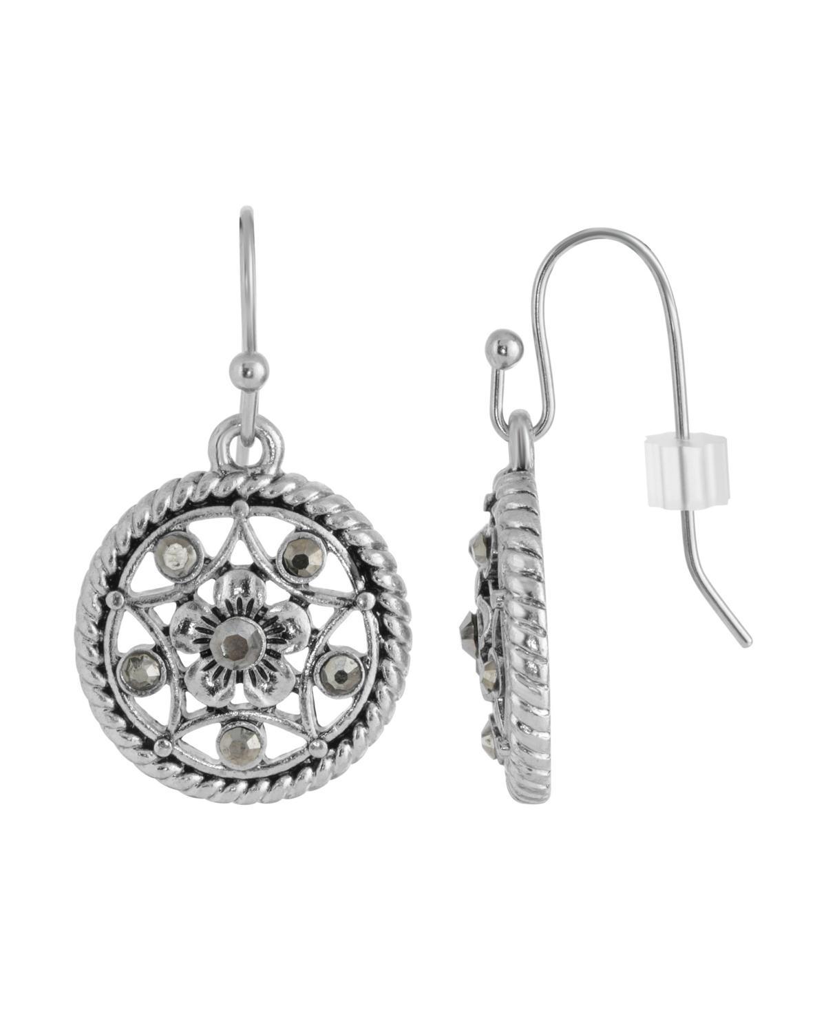 1928 Silver Tone Hematite Round Filigree Drop Earrings, Womens, Grey Product Image