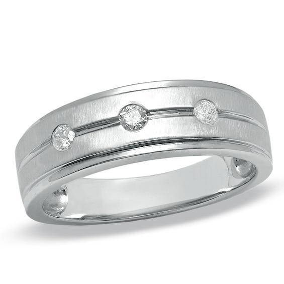 Men's 1/5 CT. T.w. Diamond Three Stone Wedding Band in 14K White Gold Product Image