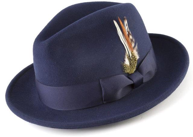 Wool Felt Fedora Pinch Front with Feather Accent in Navy Product Image