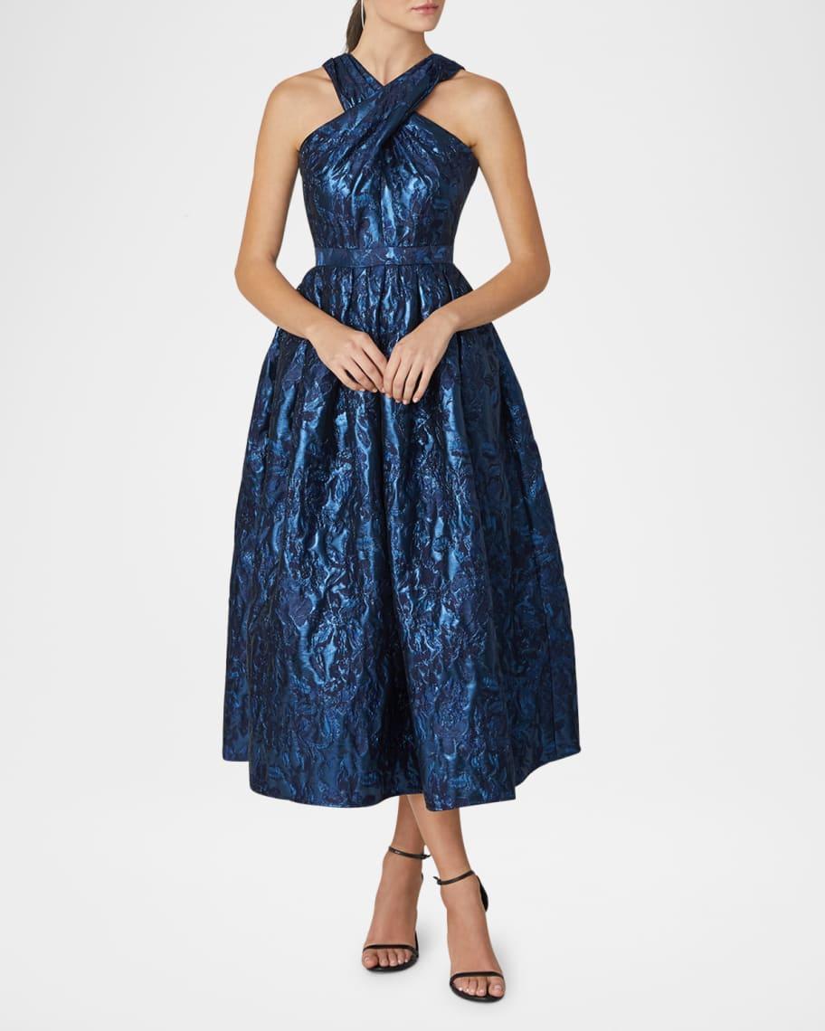 Pleated Crossover Metallic Jacquard Midi Dress Product Image