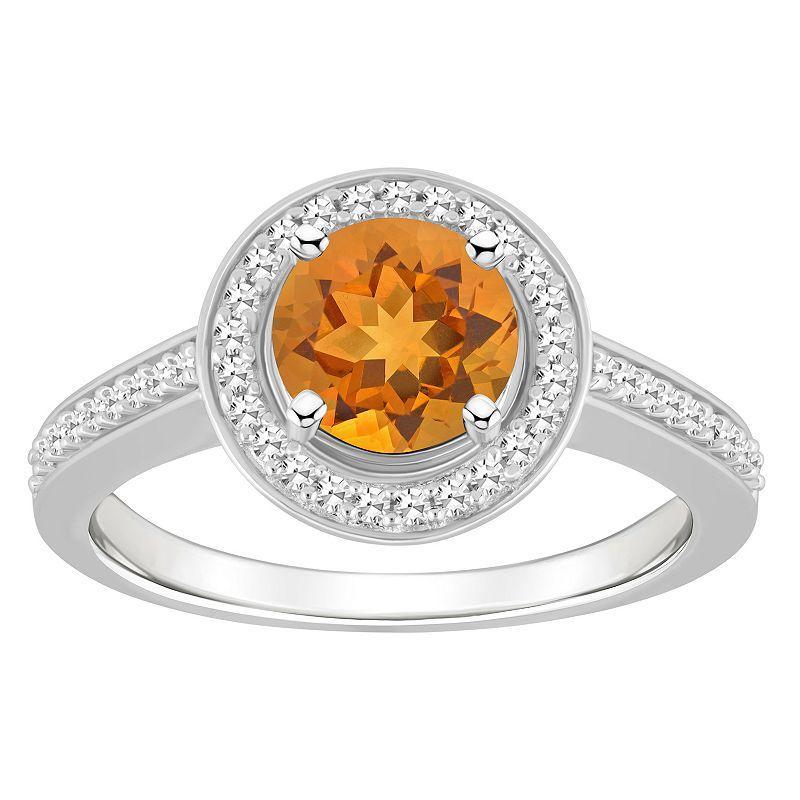 Celebration Gems Sterling Silver 7 mm Round Gemstone & 1/5 Carat T.W. Diamond Halo Ring, Womens Citrine Product Image