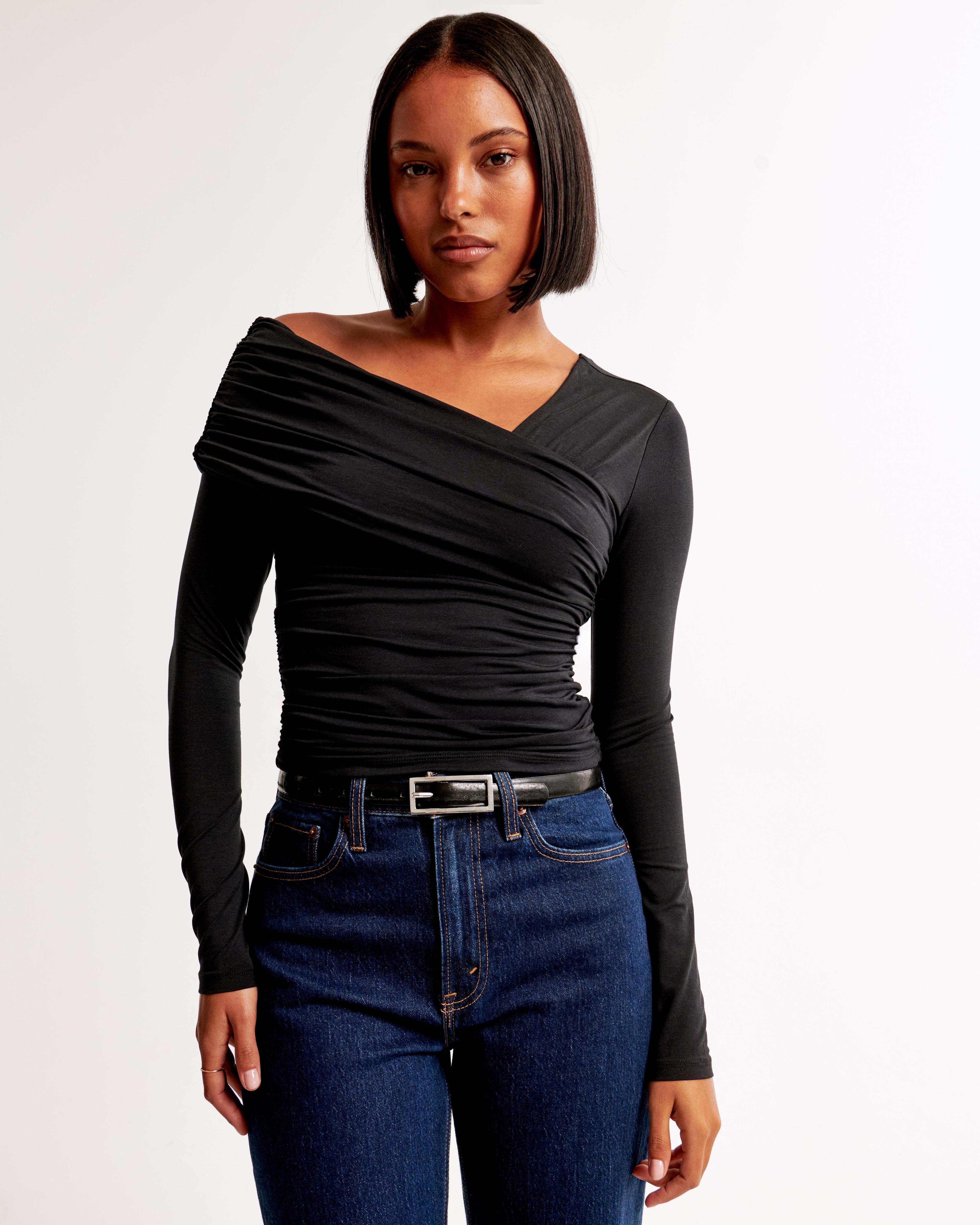 Long-Sleeve Off-The-Shoulder Draped Wrap Top Product Image