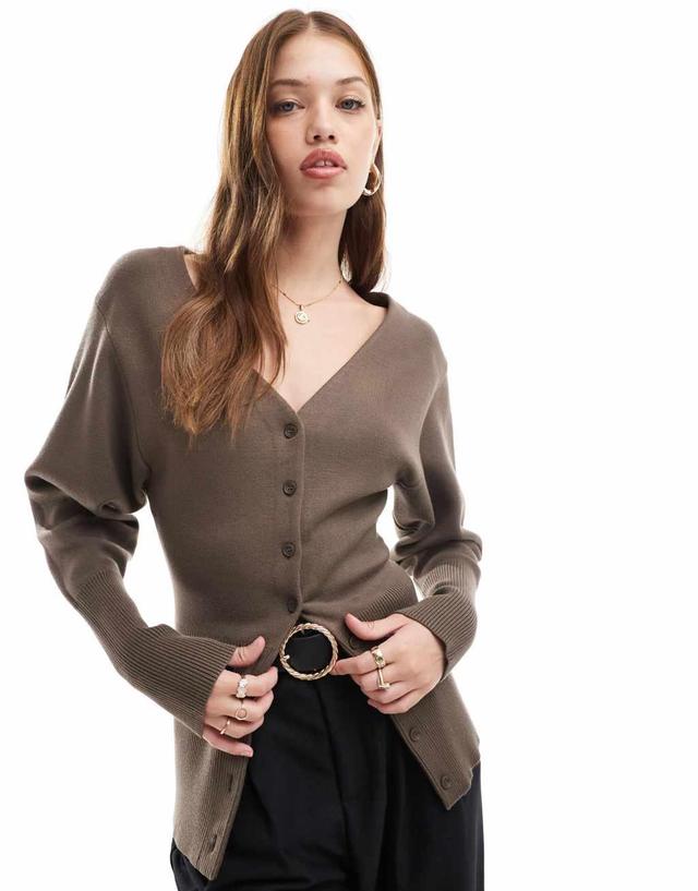 & Other Stories compact knit cardigan with v neck and volume sleeves in dark beige Product Image