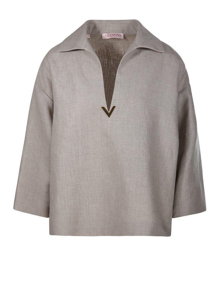 V Detailed Collared Blouse In Beige Product Image