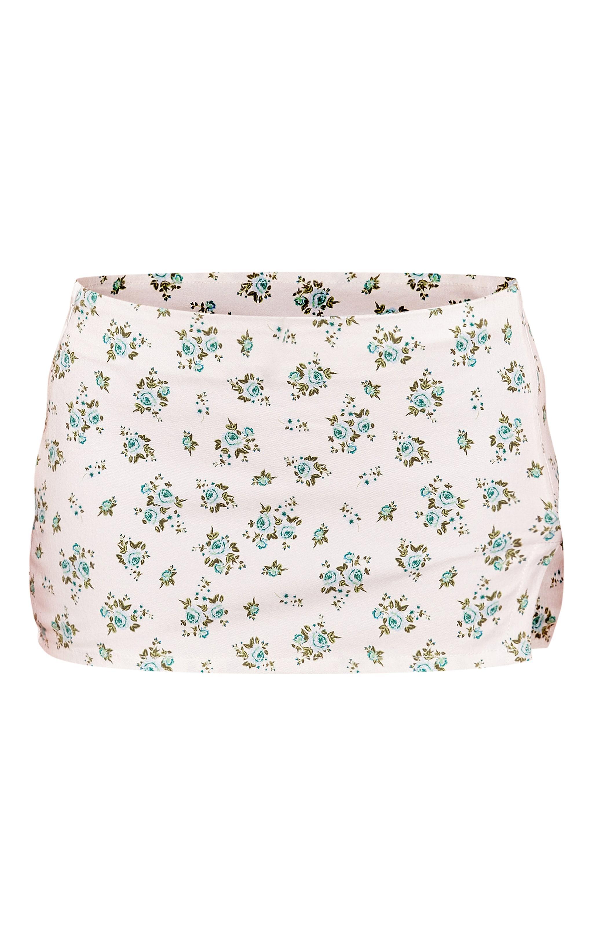 Petite White Denim Floral Print Low Rise Mini Skirt Product Image