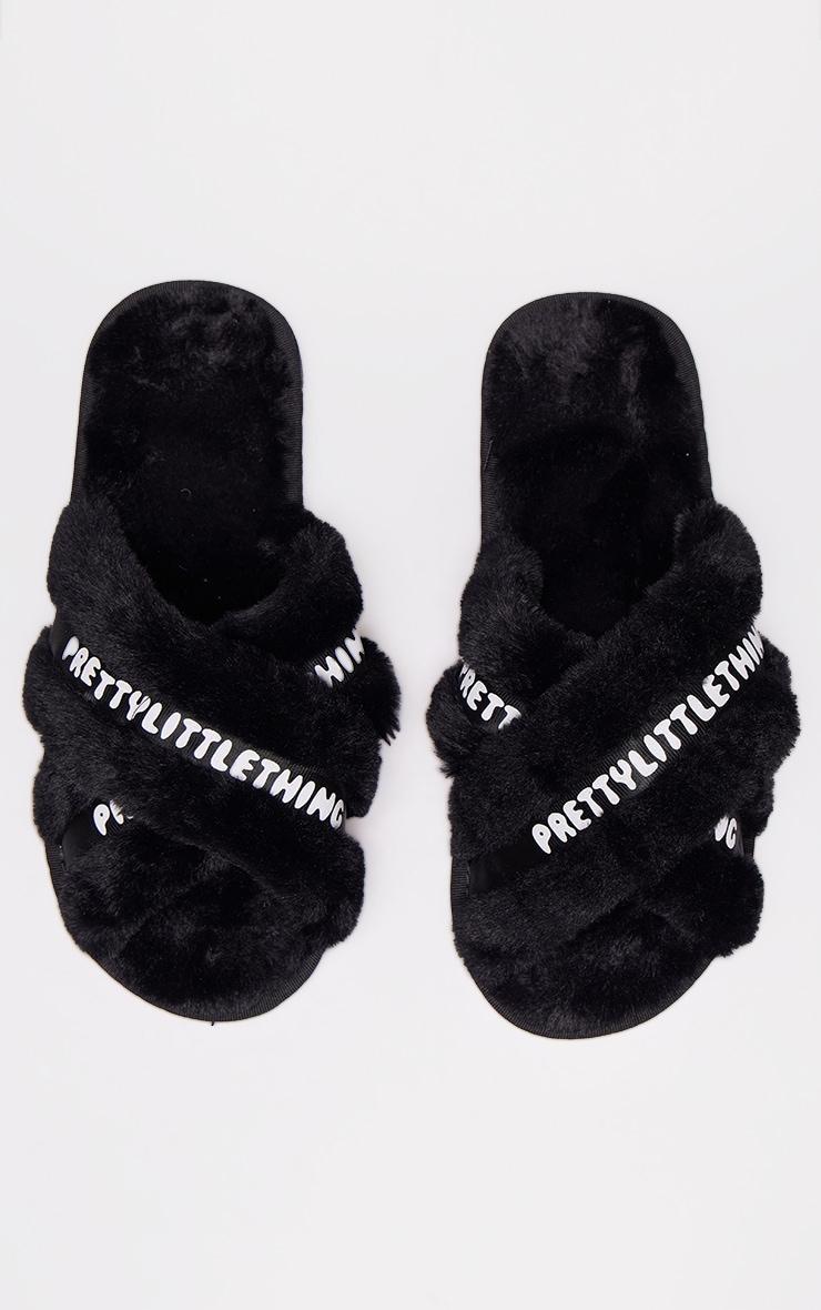 PRETTYLITTLETHING Black Logo Tape Cross Over Slippers Product Image